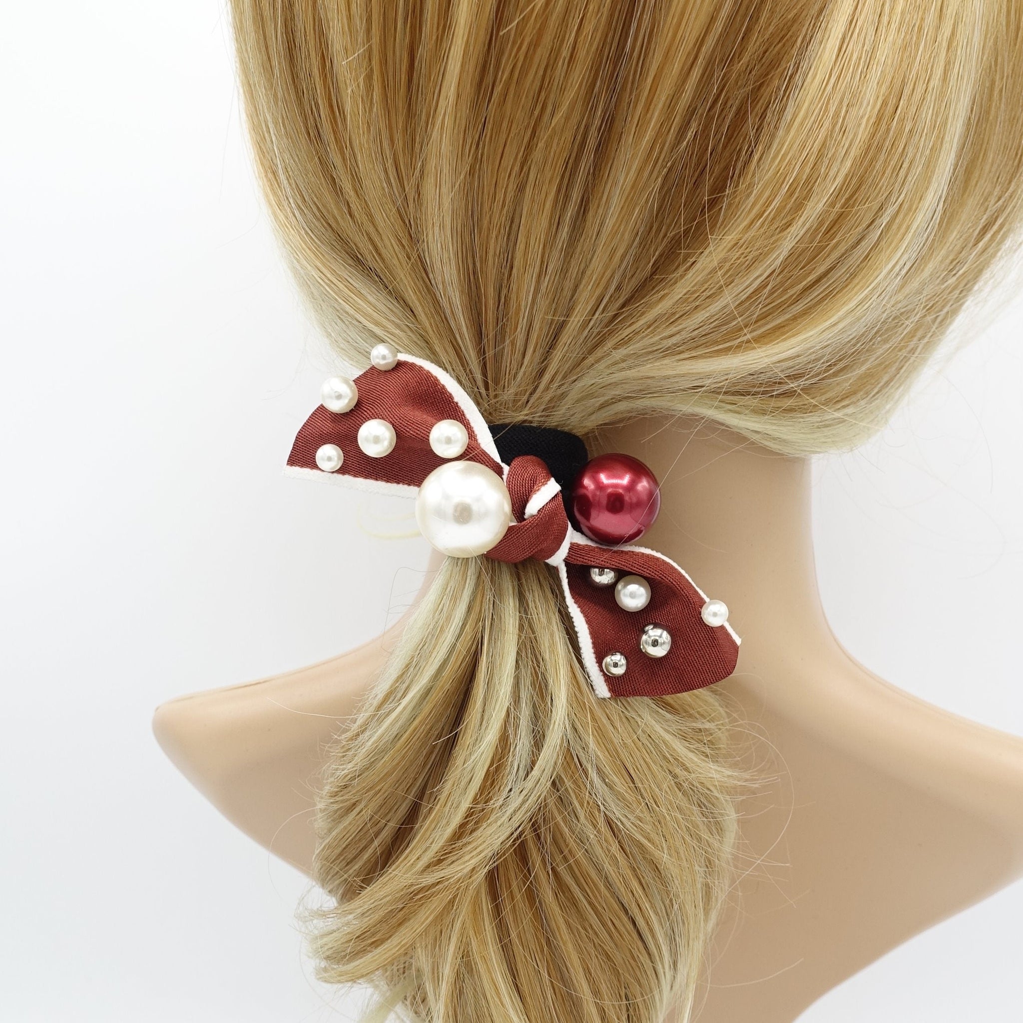 veryshine.com Ponytail holders Red wine a set of pearl decorated bow knot ponytail holders hair elastic