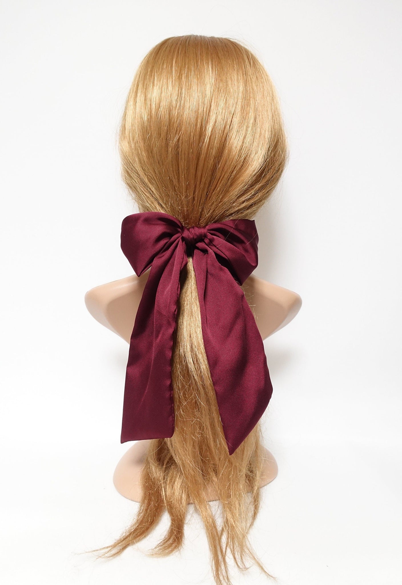 veryshine.com Ponytail holders Red wine glossy satin bow knot long tail hair tie solid color ponytail holder women hair elastic