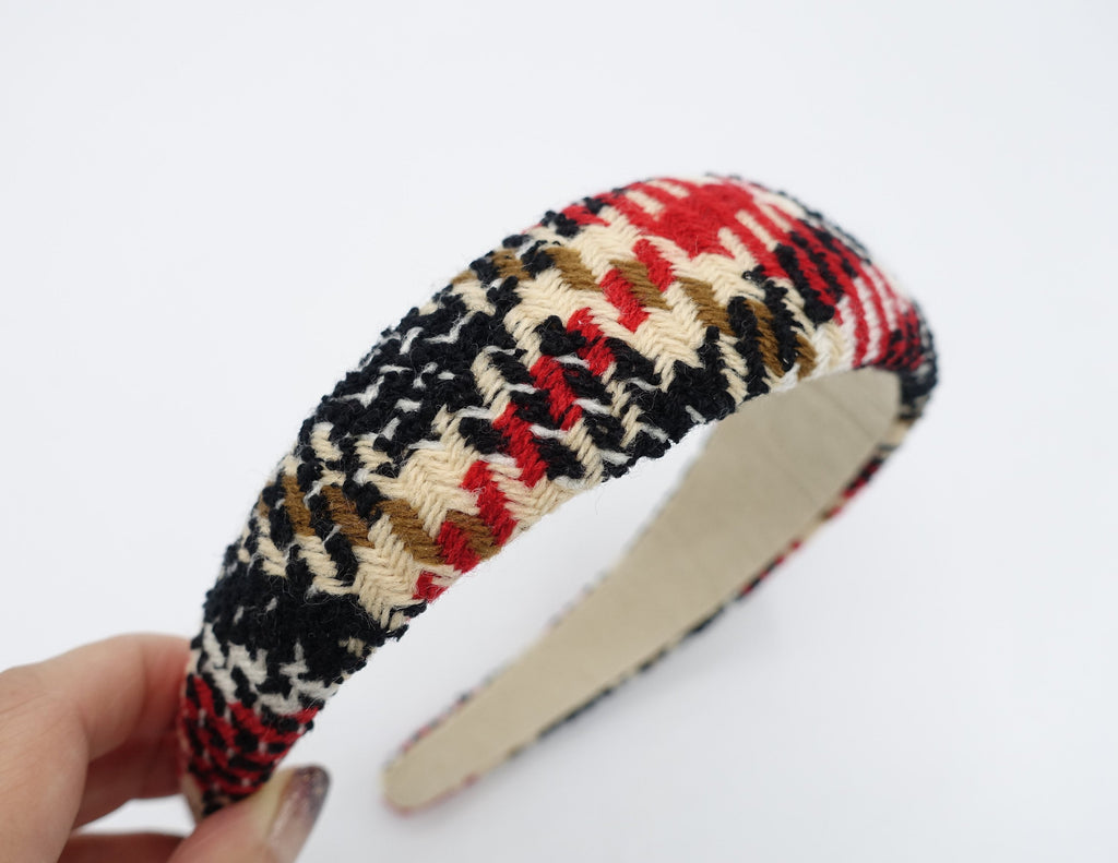 veryshine.com Red check houndstooth tweed headband padded hairband Fall Winter stylish casual hair accessory for women