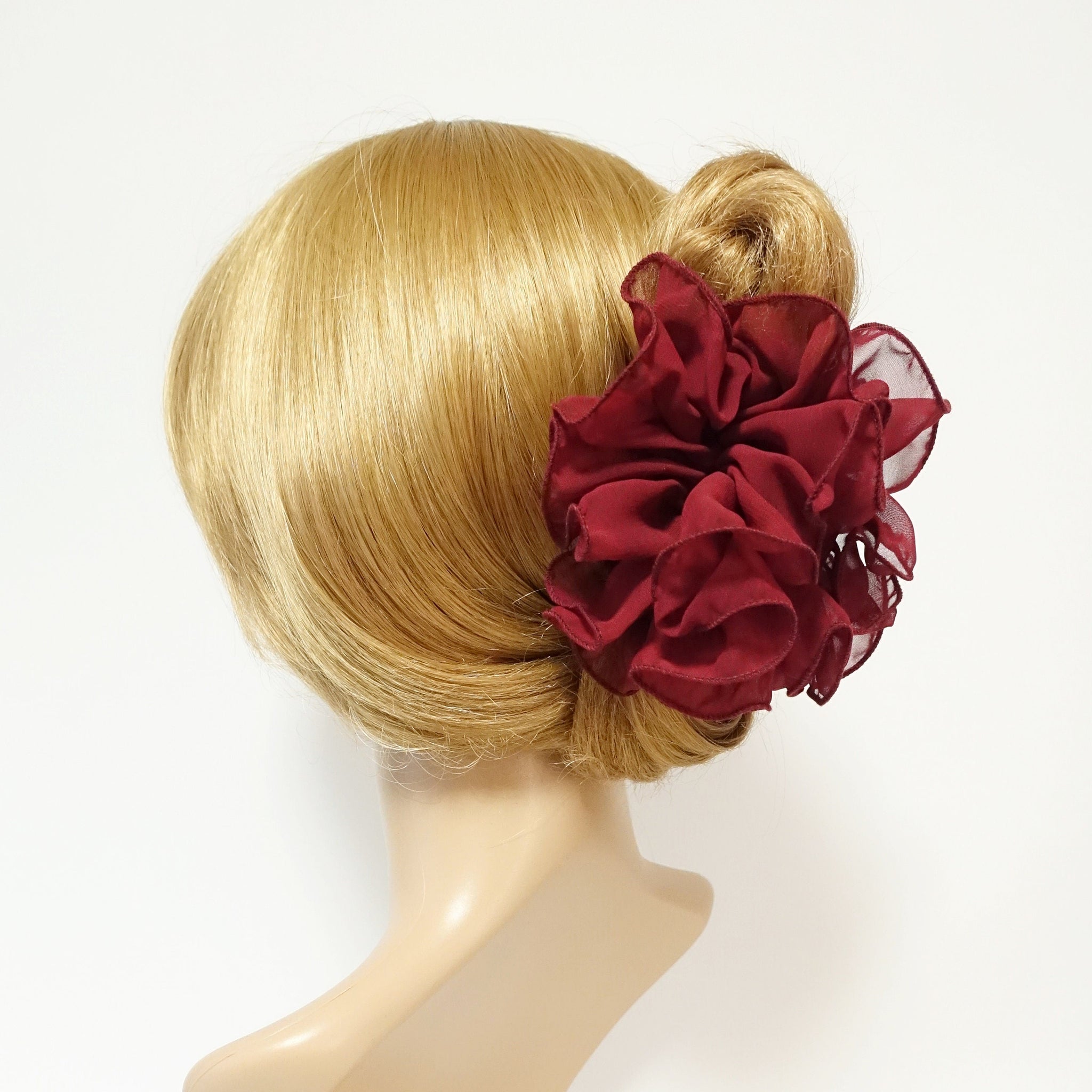 veryshine.com Red Wine chiffon ruffle wave hair claw solid color wave flower hair jaw clamp