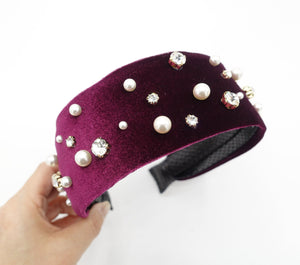 veryshine.com Red wine pearl rhinestone flat velvet headband embellished hairband for women