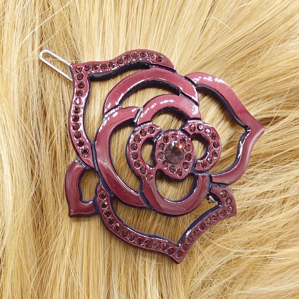 veryshine.com Red wine rhinestone embellished camellia flower cellulose hair clip women hair accessory