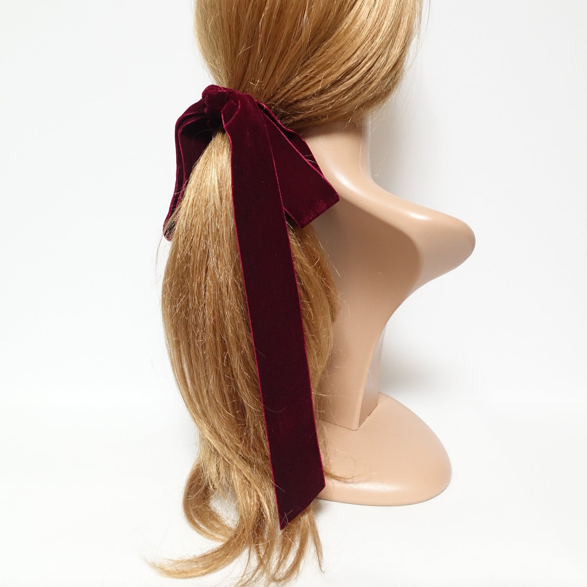 veryshine.com Red wine Wide velvet long tail hair bow ponytail holder claw clip stylish droopy bow ponytail clip