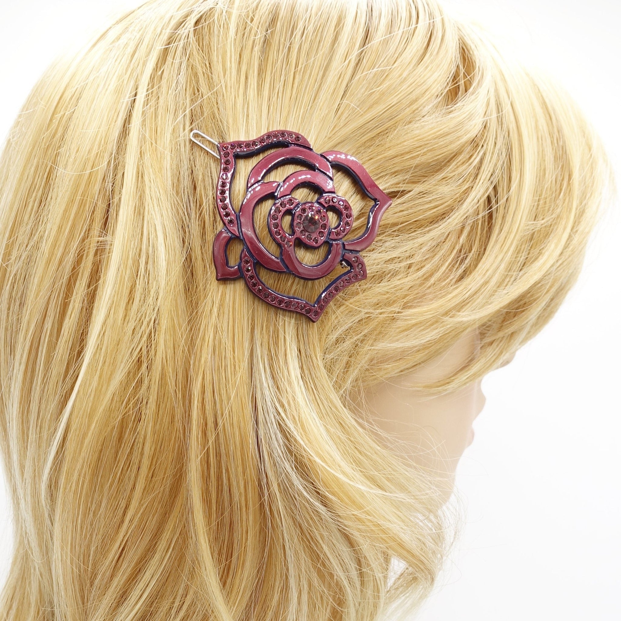 veryshine.com rhinestone embellished camellia flower cellulose hair clip women hair accessory