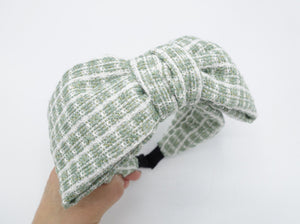 veryshine.com Sage green tweed bow headband golden thread shimmer big bow stripe pattern hair accessory for women