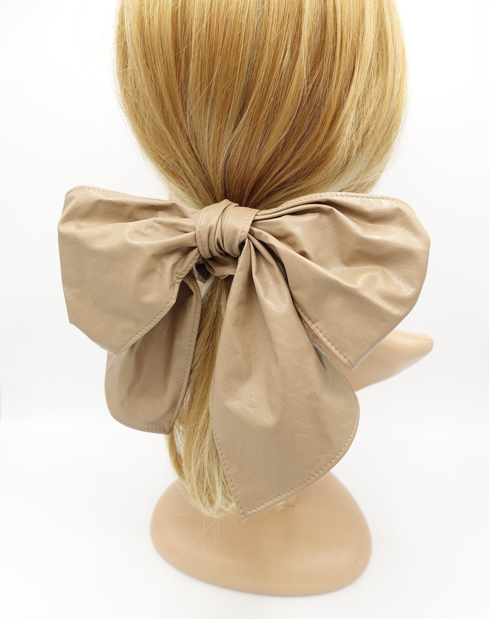 veryshine.com Scrunchies Beige faux leather bow knot scrunchies stylish tail bow hair tie accessory for women