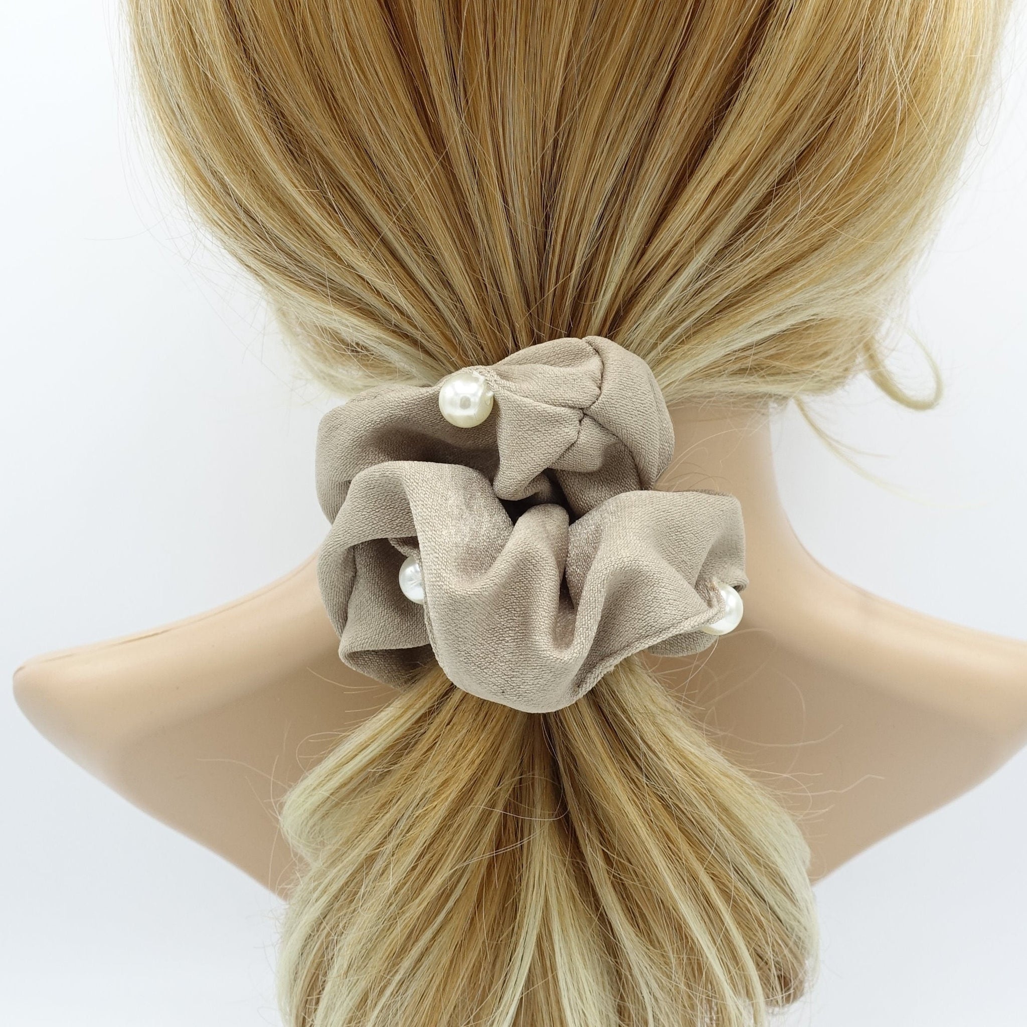 veryshine.com Scrunchies Beige pearl attached glossy scrunchies women hair accessory