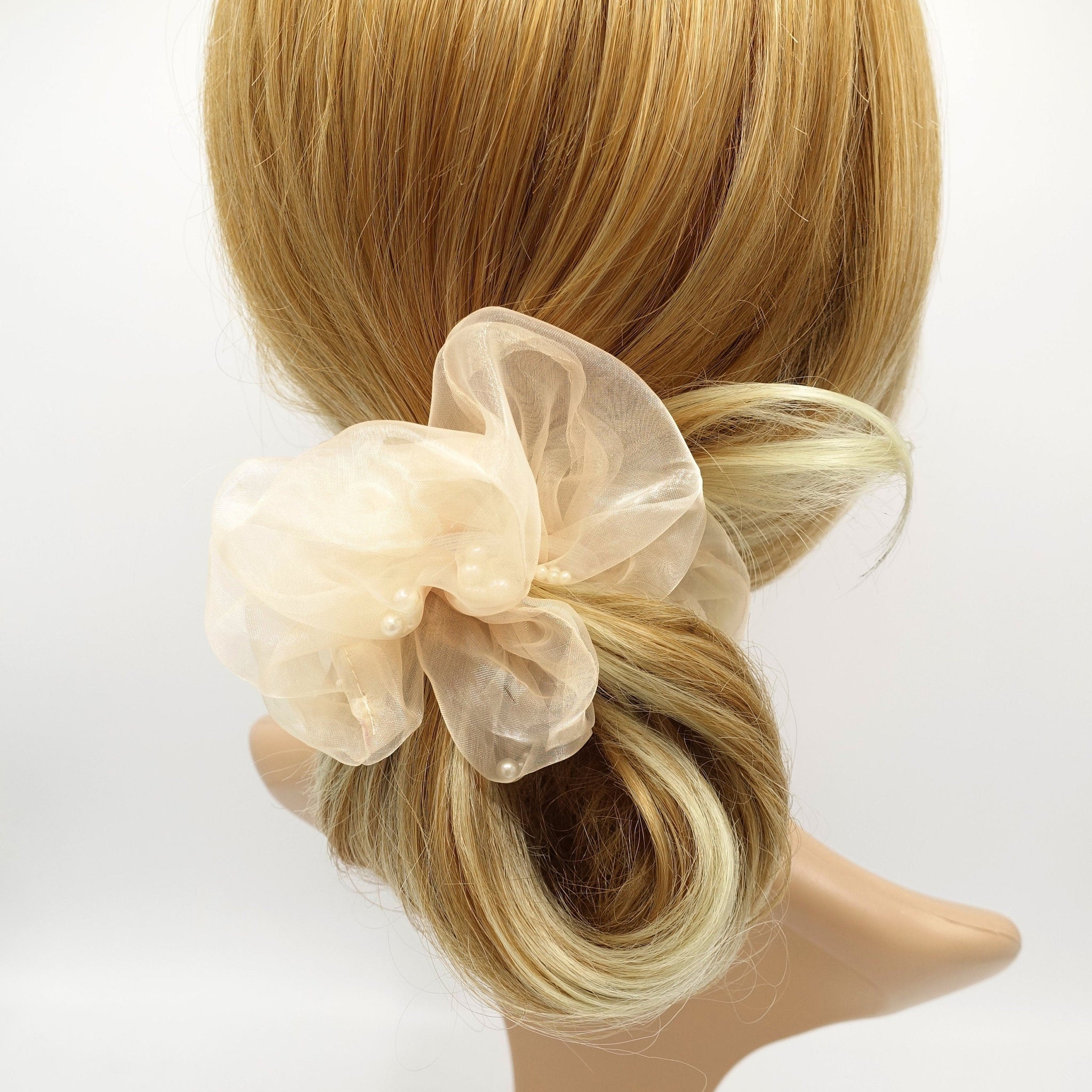 veryshine.com Scrunchies Beige pearl ball filled scrunchies organza scrunchy hair elastic for women