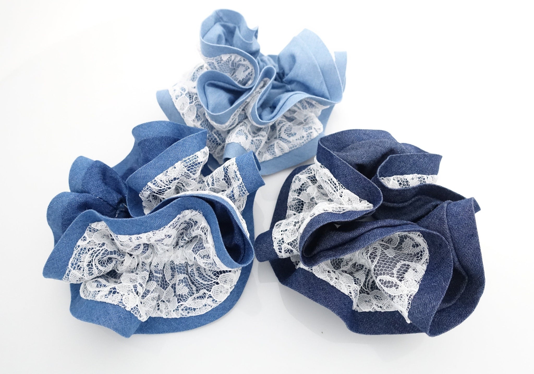 veryshine.com Scrunchies Blue lace layered denim scrunchies woman hair elastic accessory