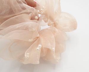 veryshine.com Scrunchies Blush pink pearl ball filled scrunchies organza scrunchy hair elastic for women