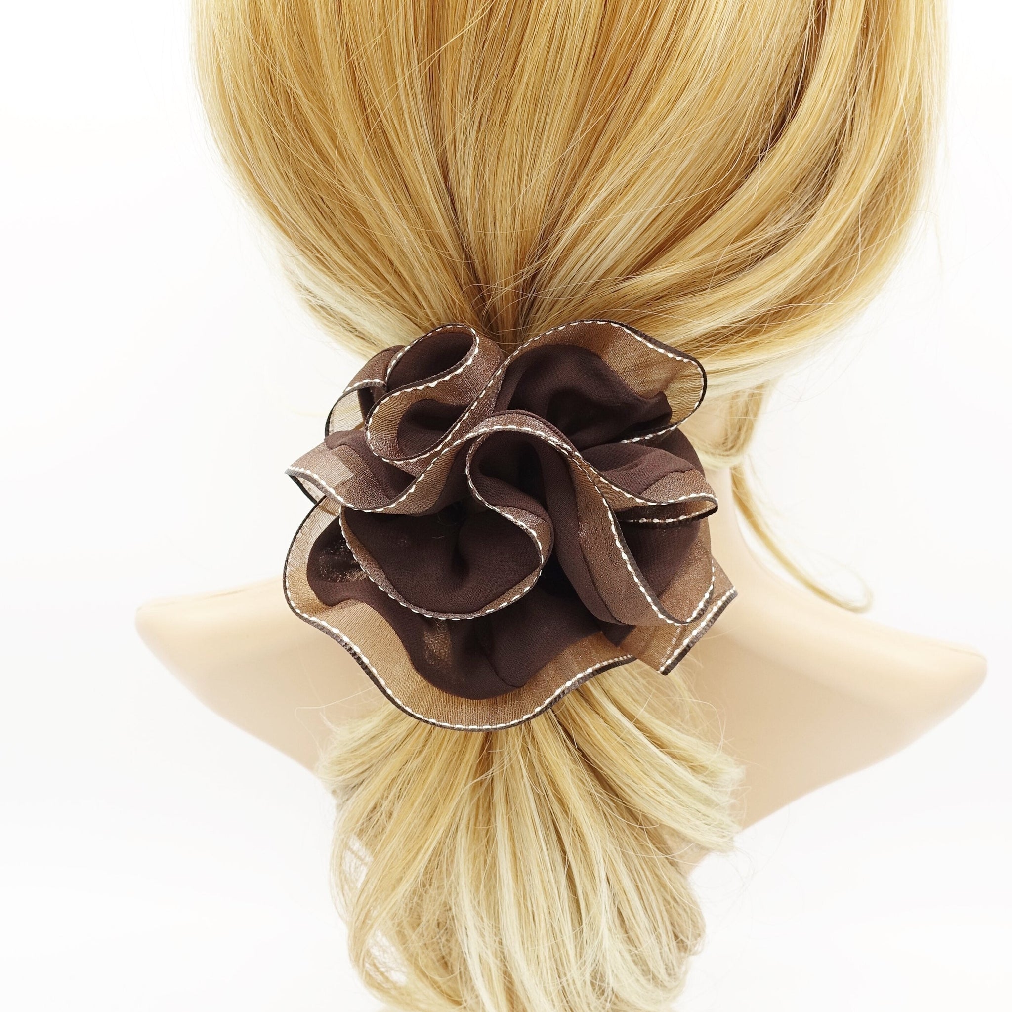 veryshine.com Scrunchies Brown organza edge scrunchies stitch trim chiffon scrunchie woman hair accessory
