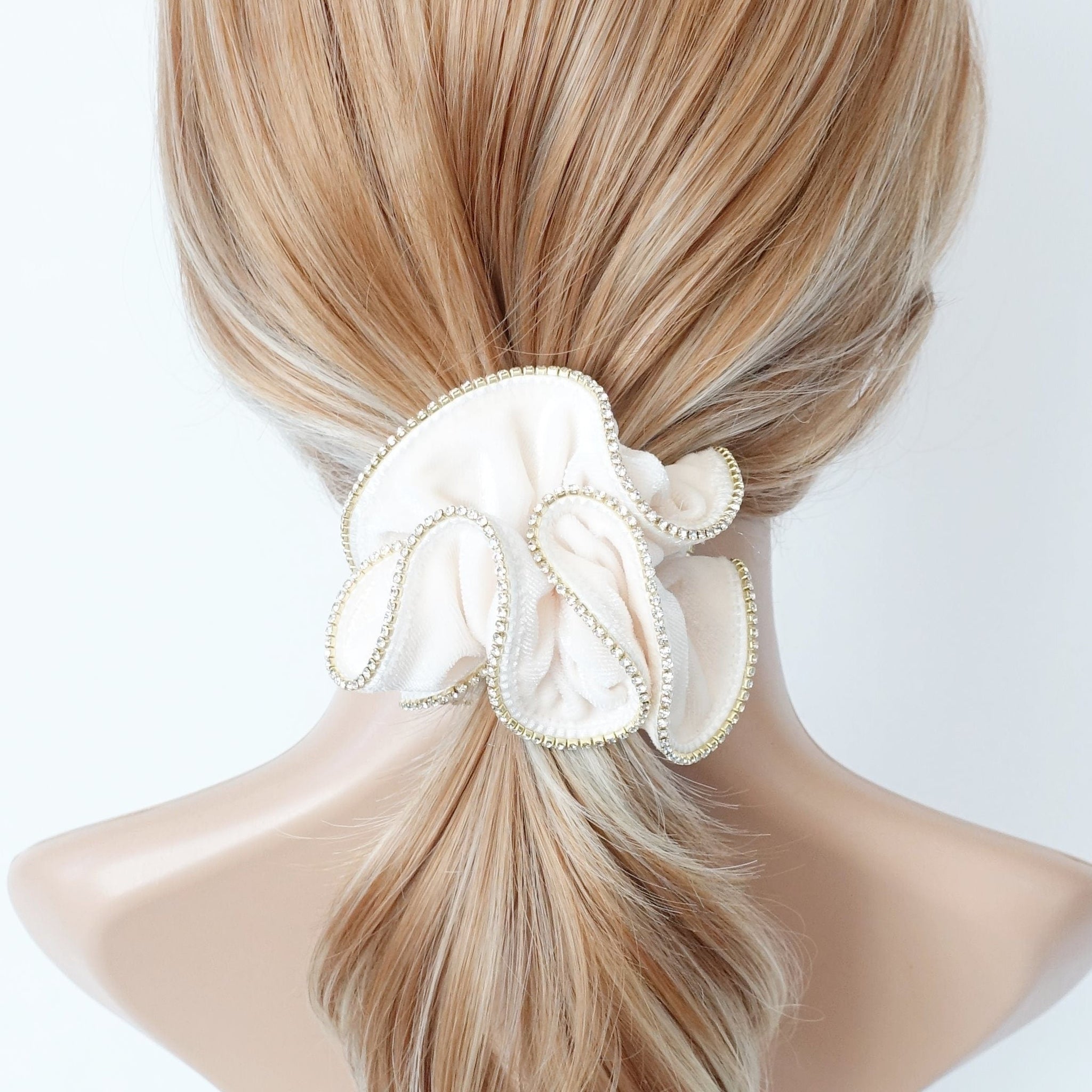 veryshine.com Scrunchies Cream white crystal rhinestone decorated velvet scrunchies women hair elastic tie scrunchy