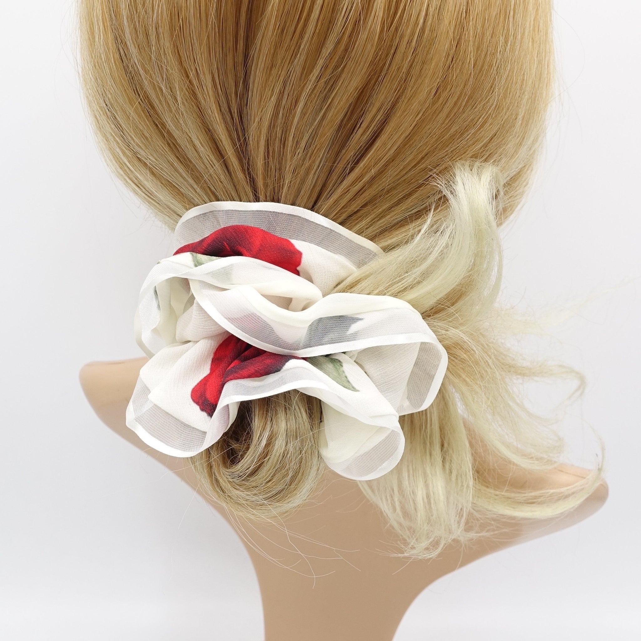 veryshine.com Scrunchies Cream white floral scrunchies, organza edge scrunchies, hair ties for women