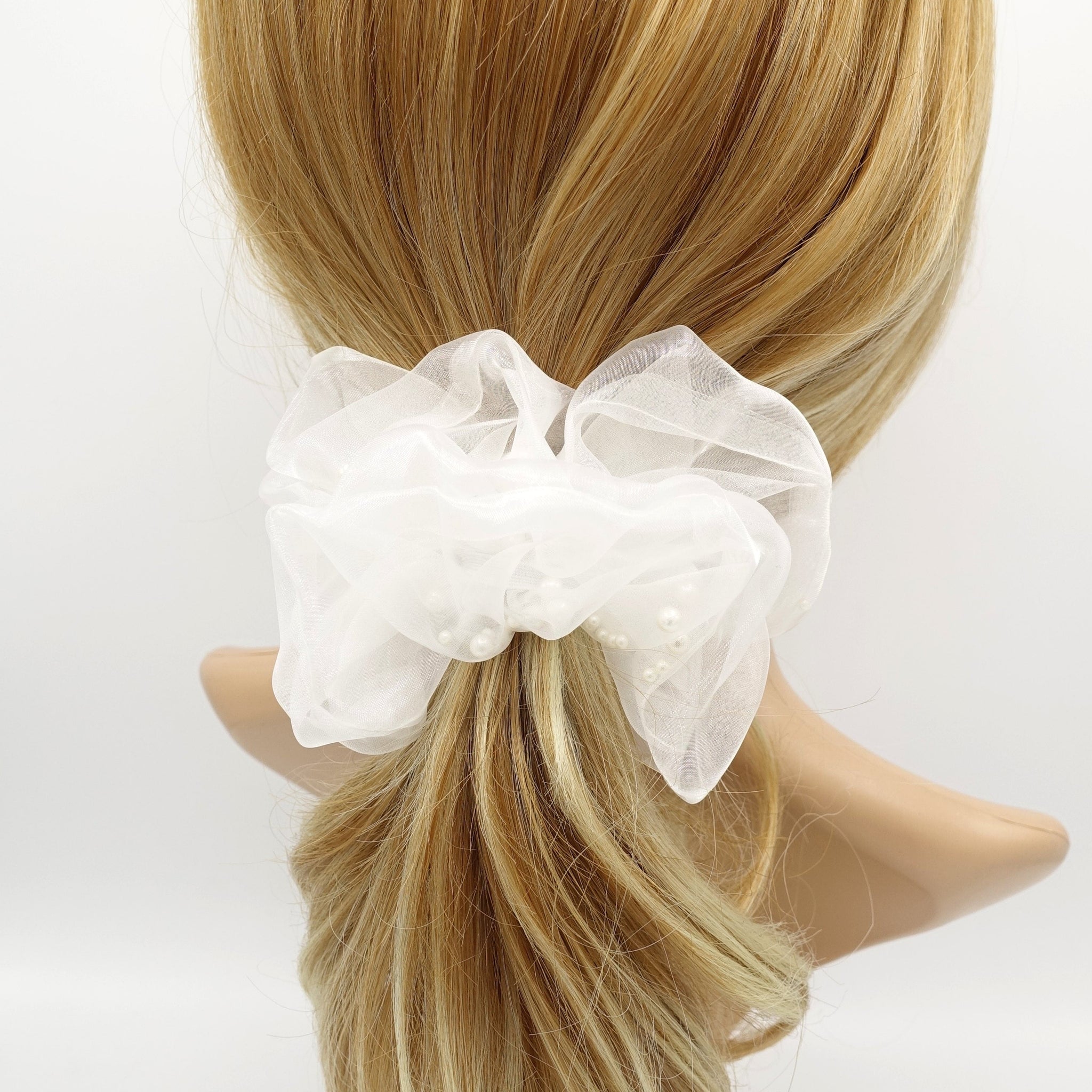 veryshine.com Scrunchies Cream white pearl ball filled scrunchies organza scrunchy hair elastic for women