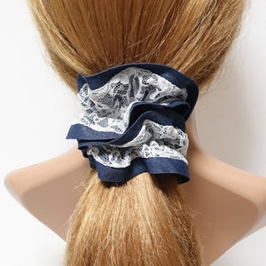 veryshine.com Scrunchies Dark blue lace layered denim scrunchies woman hair elastic accessory