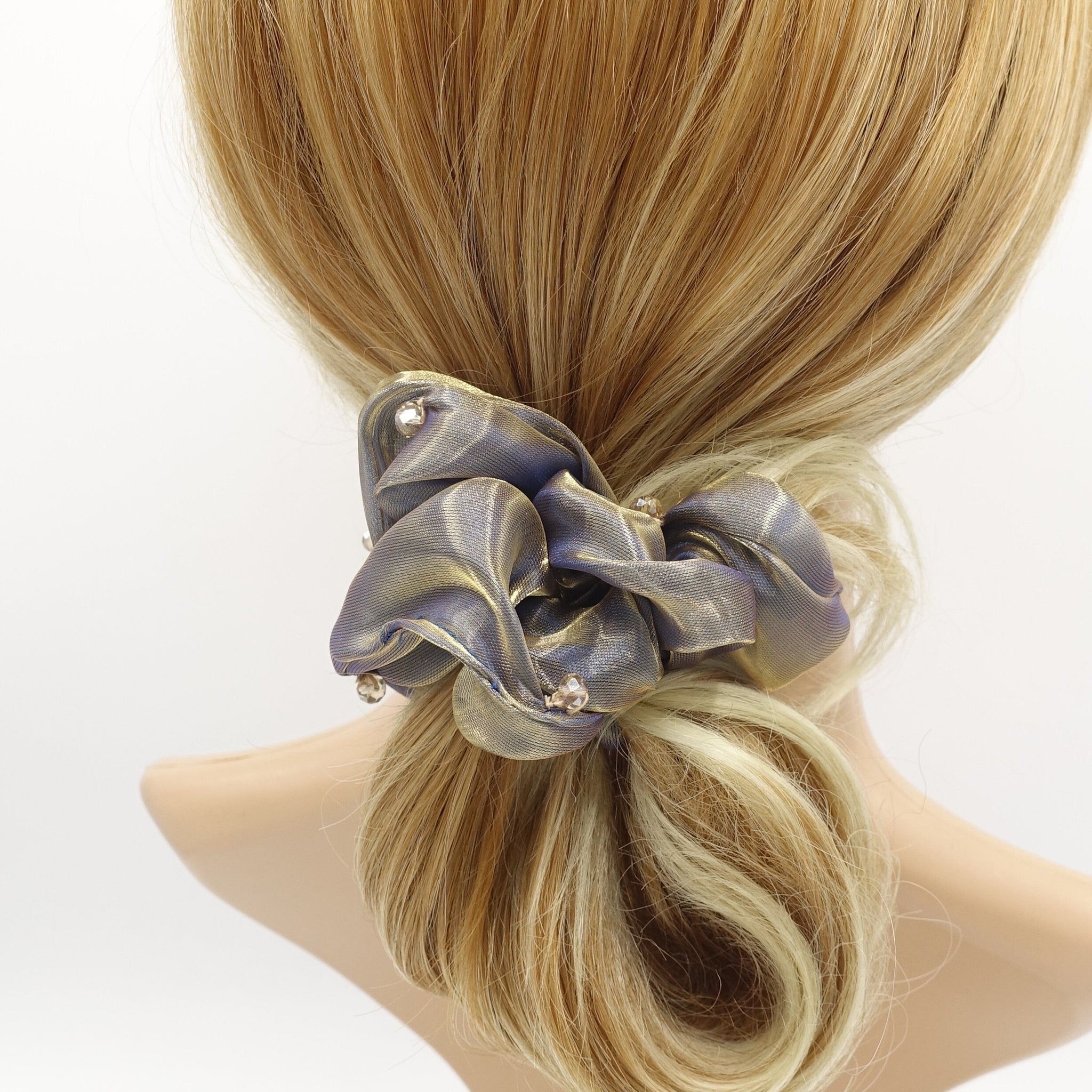veryshine.com Scrunchies Gold rhinestone sewn organza scrunchies iridescent hair elastic scrunchie for women