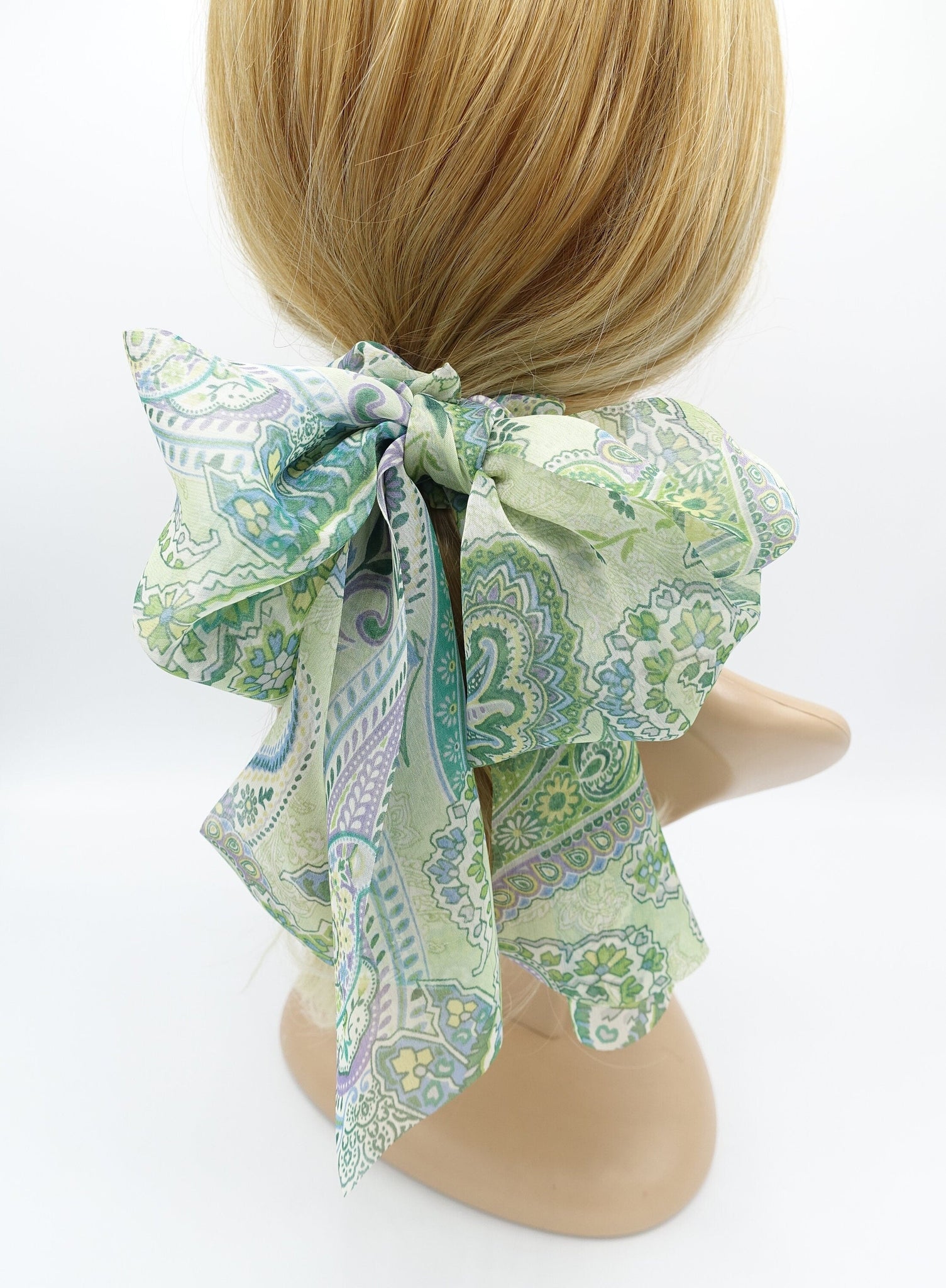 veryshine.com Scrunchies Green chiffon scarf scrunchies paisley print bow knot hair elastic scrunchie for women