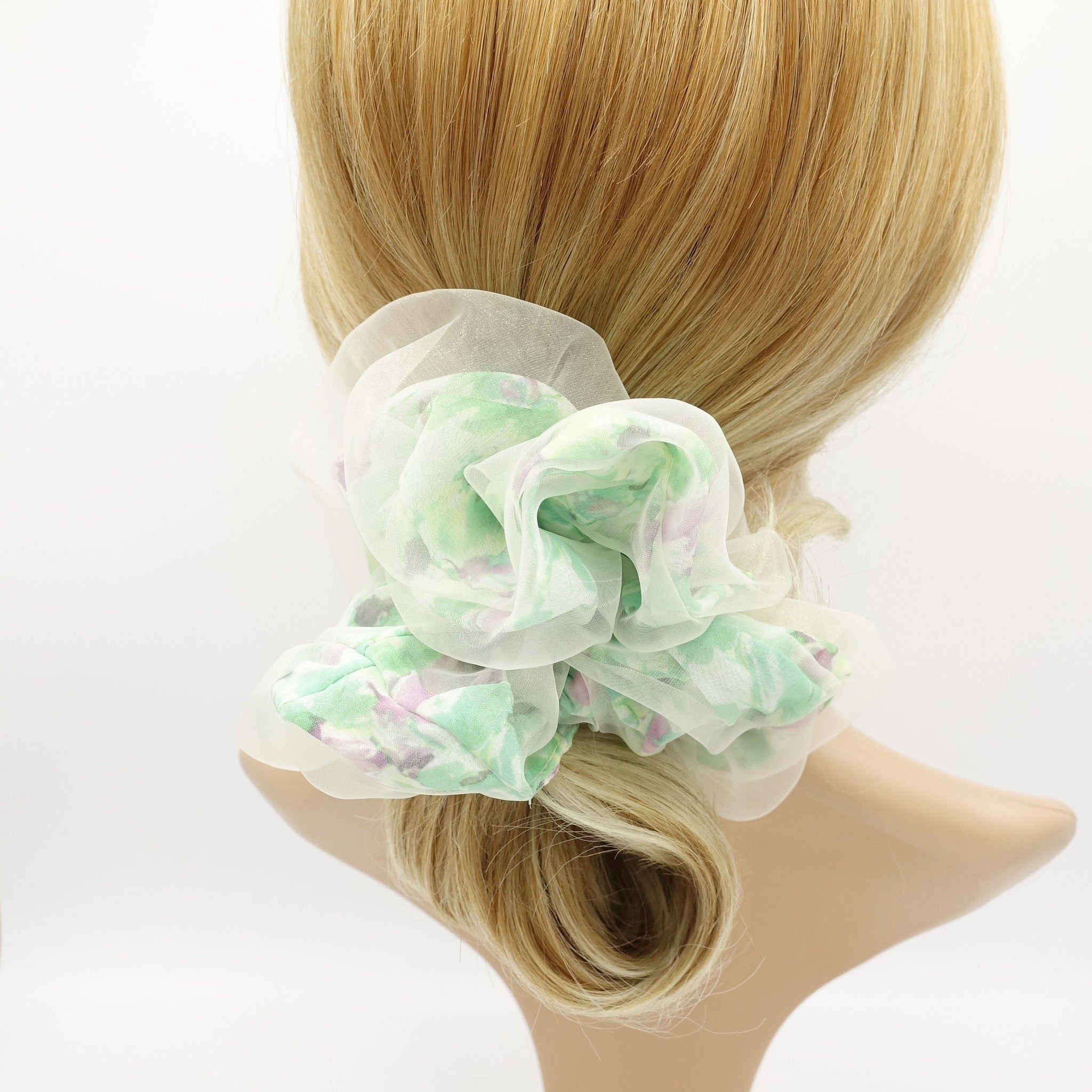 veryshine.com Scrunchies Green organza covered floral chiffon scrunchies see through hair scrunchie for women