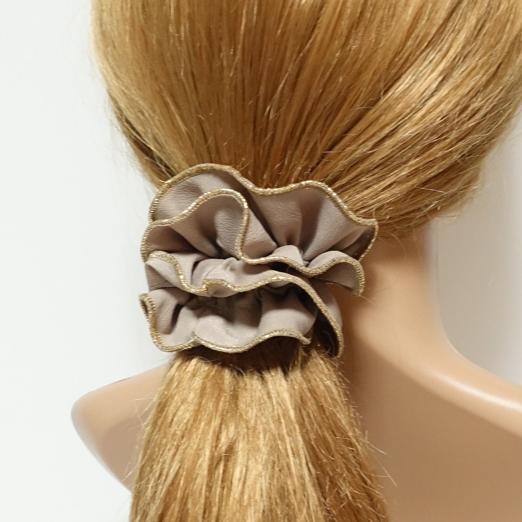 veryshine.com scrunchies/hair holder Beige golden thread trim scrunchies chiffon solid color hair elastic scrunchie