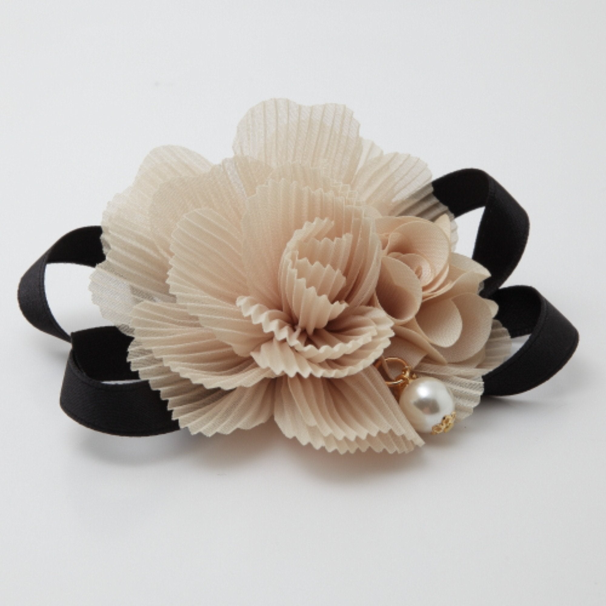 veryshine.com scrunchies/hair holder Beige Handmade Pleat Flower Blossoms Black Bow Gift  Elastic Ponytail Holder