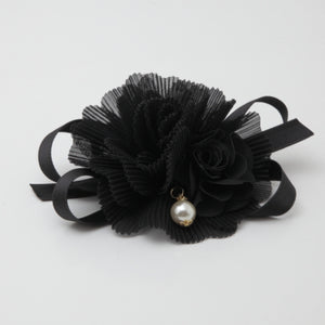 veryshine.com scrunchies/hair holder Black Handmade Pleat Flower Blossoms Black Bow Gift  Elastic Ponytail Holder