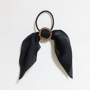 veryshine.com scrunchies/hair holder Black Wood Buckle Decorated Satin Wing Bow Hair Elastics Ponytail Holder