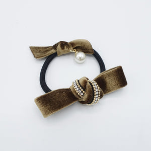 veryshine.com scrunchies/hair holder Brown rhinestone velvet double bow knot hair elastic tie ponytail holder