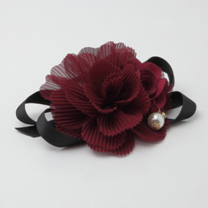 veryshine.com scrunchies/hair holder Burgundy Handmade Pleat Flower Blossoms Black Bow Gift  Elastic Ponytail Holder