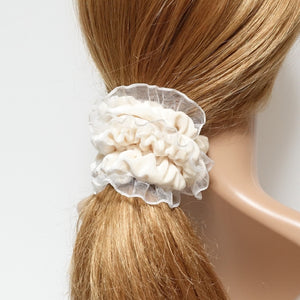 veryshine.com scrunchies/hair holder Cream mesh trim decorated velvet scrunchies organdy fabric pretty hair scrunchie women hair accessory