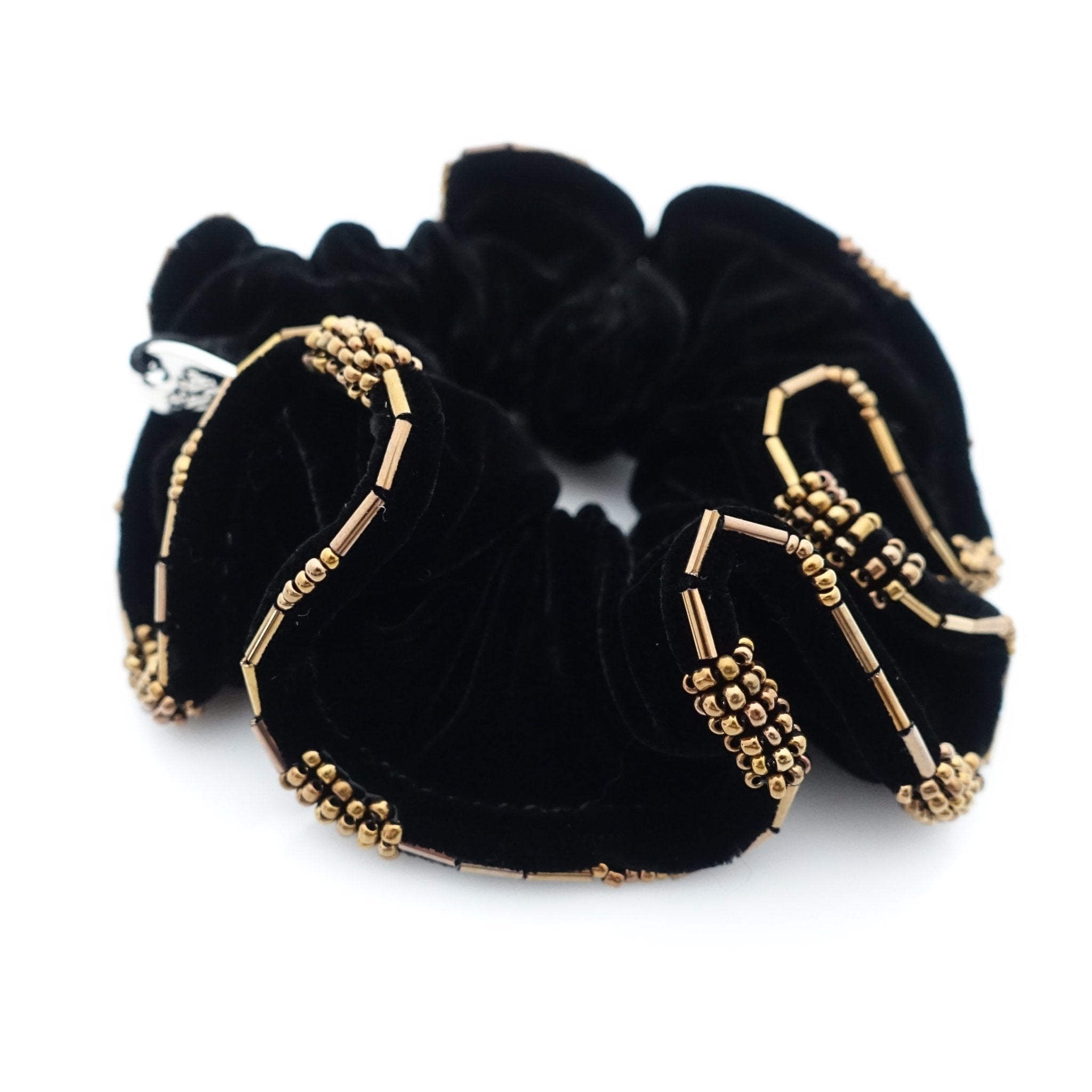 veryshine.com scrunchies/hair holder Gold brown Beaded Trim Luxury Silk Velvet Hair Elastic Black Scrunchies