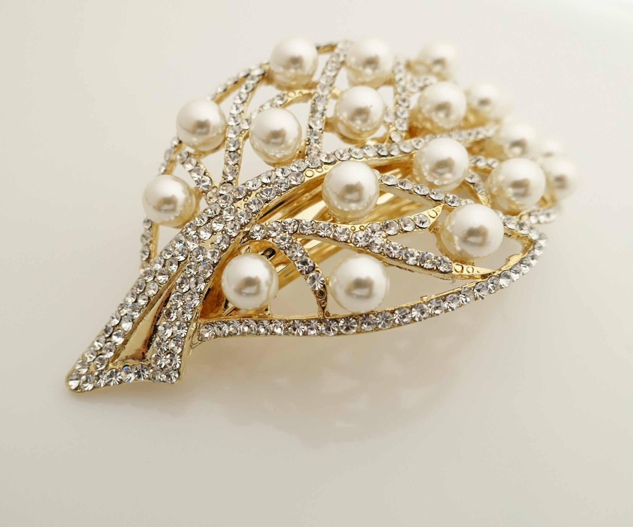 veryshine.com scrunchies/hair holder Gold / Leaf pearl rhinestone decorated leaf wave bow french barrette