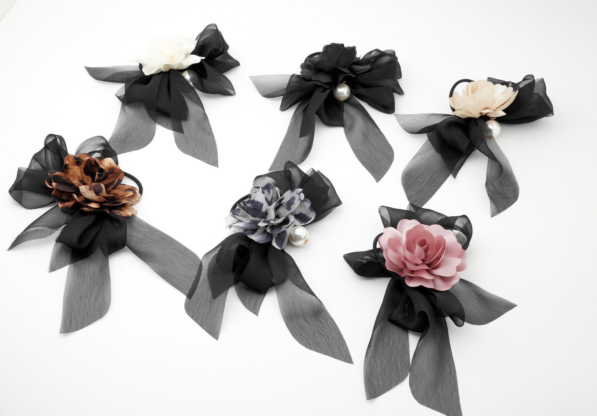 Handmade Black Chiffon Bow Flower/Floral Ponytail Holder.