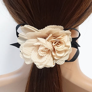 veryshine.com scrunchies/hair holder Handmade Pleat Flower Blossoms Black Bow Gift  Elastic Ponytail Holder