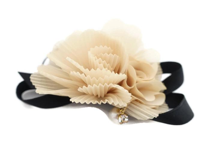 veryshine.com scrunchies/hair holder Handmade Pleat Flower Blossoms Black Bow Gift  Elastic Ponytail Holder