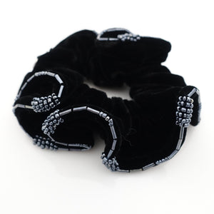 veryshine.com scrunchies/hair holder Hematite Beaded Trim Luxury Silk Velvet Hair Elastic Black Scrunchies