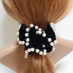 veryshine.com scrunchies/hair holder Ivory Handmade Pearl Ball Trim Silk Velvet Hair Ties Luxury Hair Scrunchies