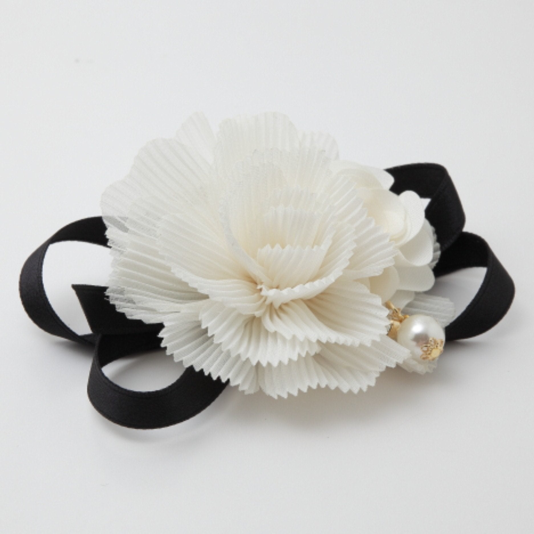 veryshine.com scrunchies/hair holder Ivory Handmade Pleat Flower Blossoms Black Bow Gift  Elastic Ponytail Holder