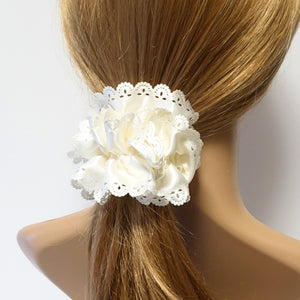 veryshine.com scrunchies/hair holder Ivory Lace Trim Satin Scrunchies Women Hair Accessory