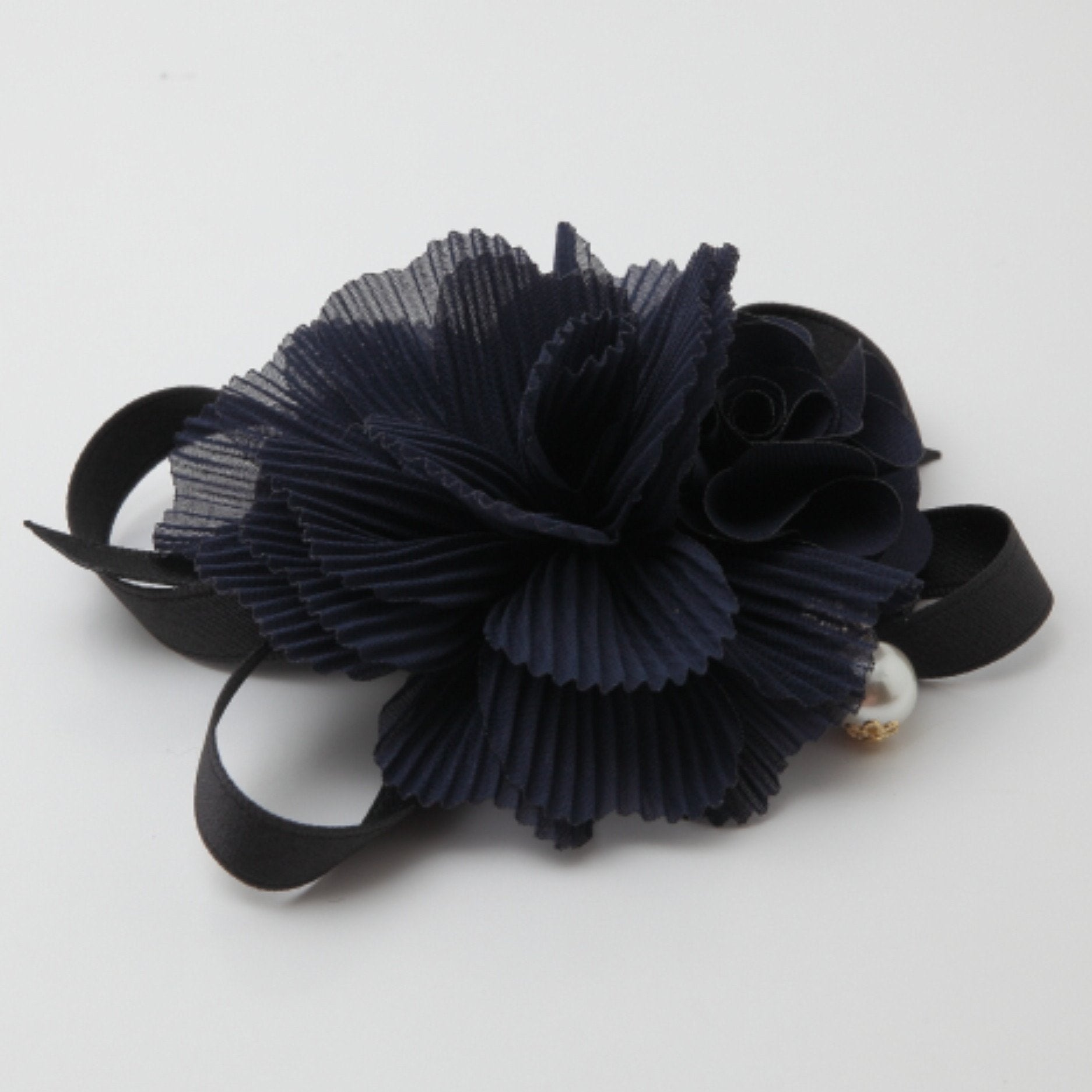 veryshine.com scrunchies/hair holder Navy Handmade Pleat Flower Blossoms Black Bow Gift  Elastic Ponytail Holder