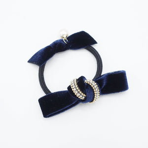 veryshine.com scrunchies/hair holder Navy rhinestone velvet double bow knot hair elastic tie ponytail holder