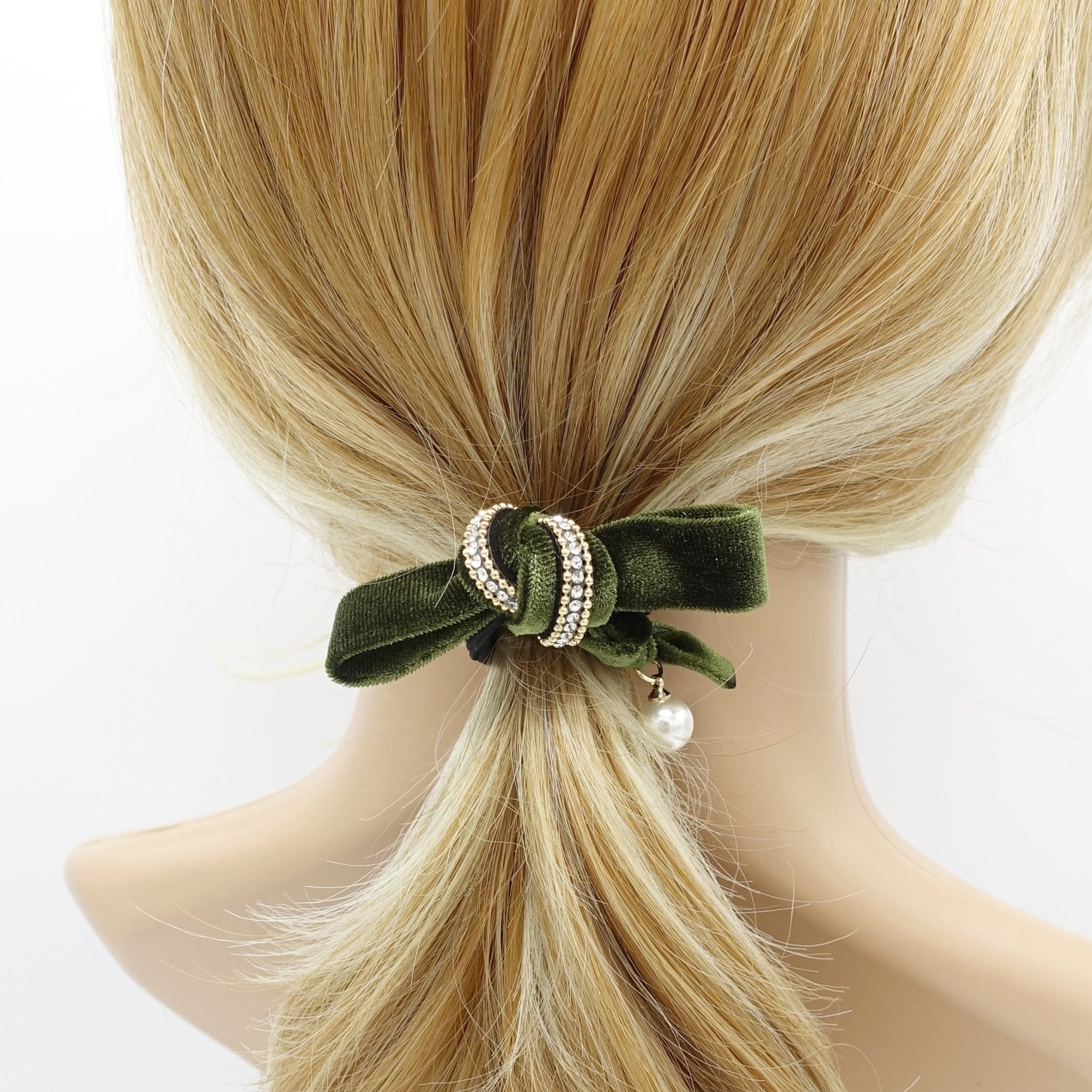 veryshine.com scrunchies/hair holder Olive green rhinestone velvet double bow knot hair elastic tie ponytail holder