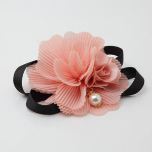 veryshine.com scrunchies/hair holder Peach Handmade Pleat Flower Blossoms Black Bow Gift  Elastic Ponytail Holder