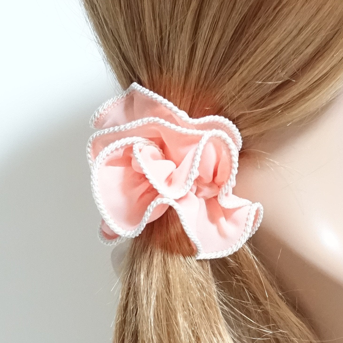 veryshine.com scrunchies/hair holder Peach White Thread Trim Hair Chiffon Scrunchies Elastic Band Women Hair Accessories