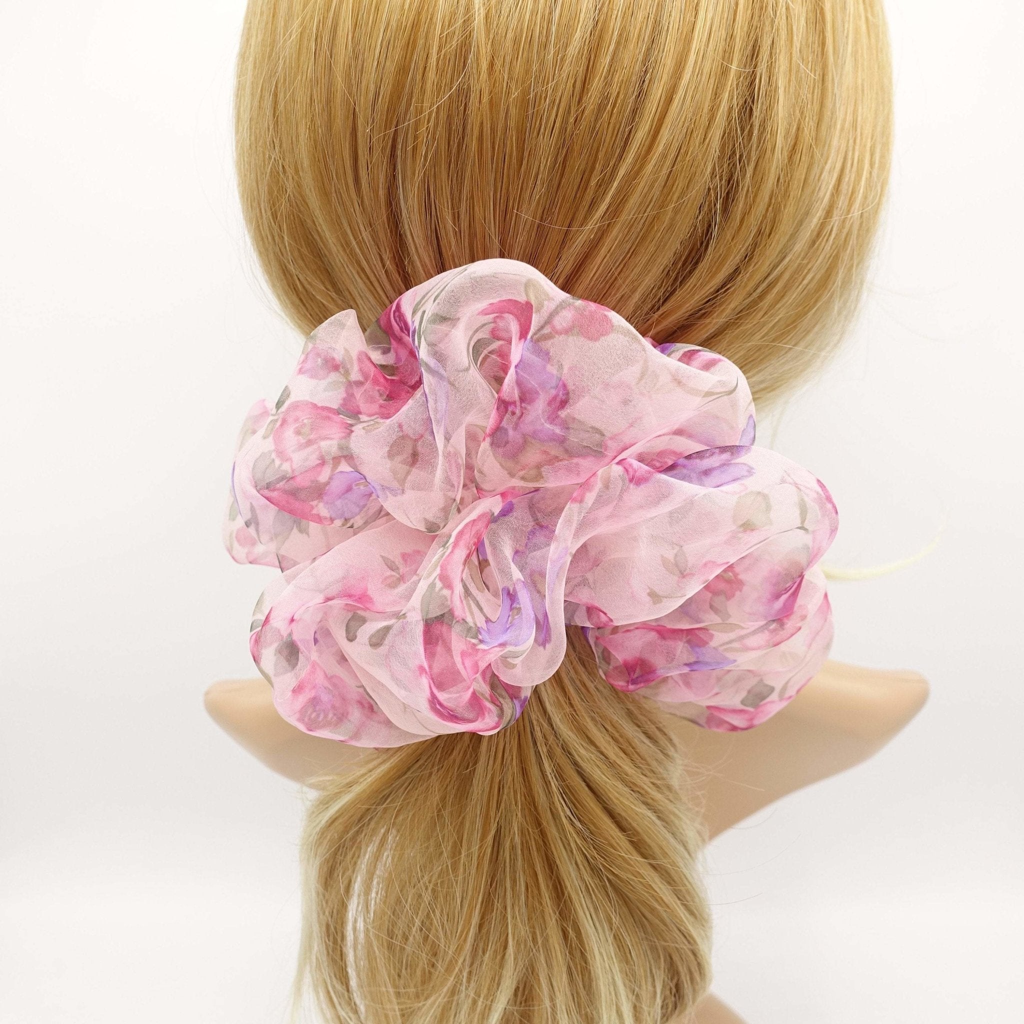 veryshine.com scrunchies/hair holder Pink floral oversized scrunchies organza big hair elastic tie scrunchy women hair accessories