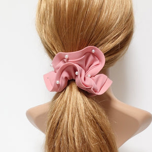 veryshine.com scrunchies/hair holder Pink trim pearl stud decorated chiffon scrunchy solid hair elastic scrunchies
