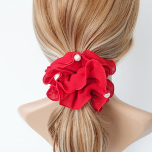veryshine.com scrunchies/hair holder Red pearl decorated chiffon scrunchies women hair elastic scrunchie
