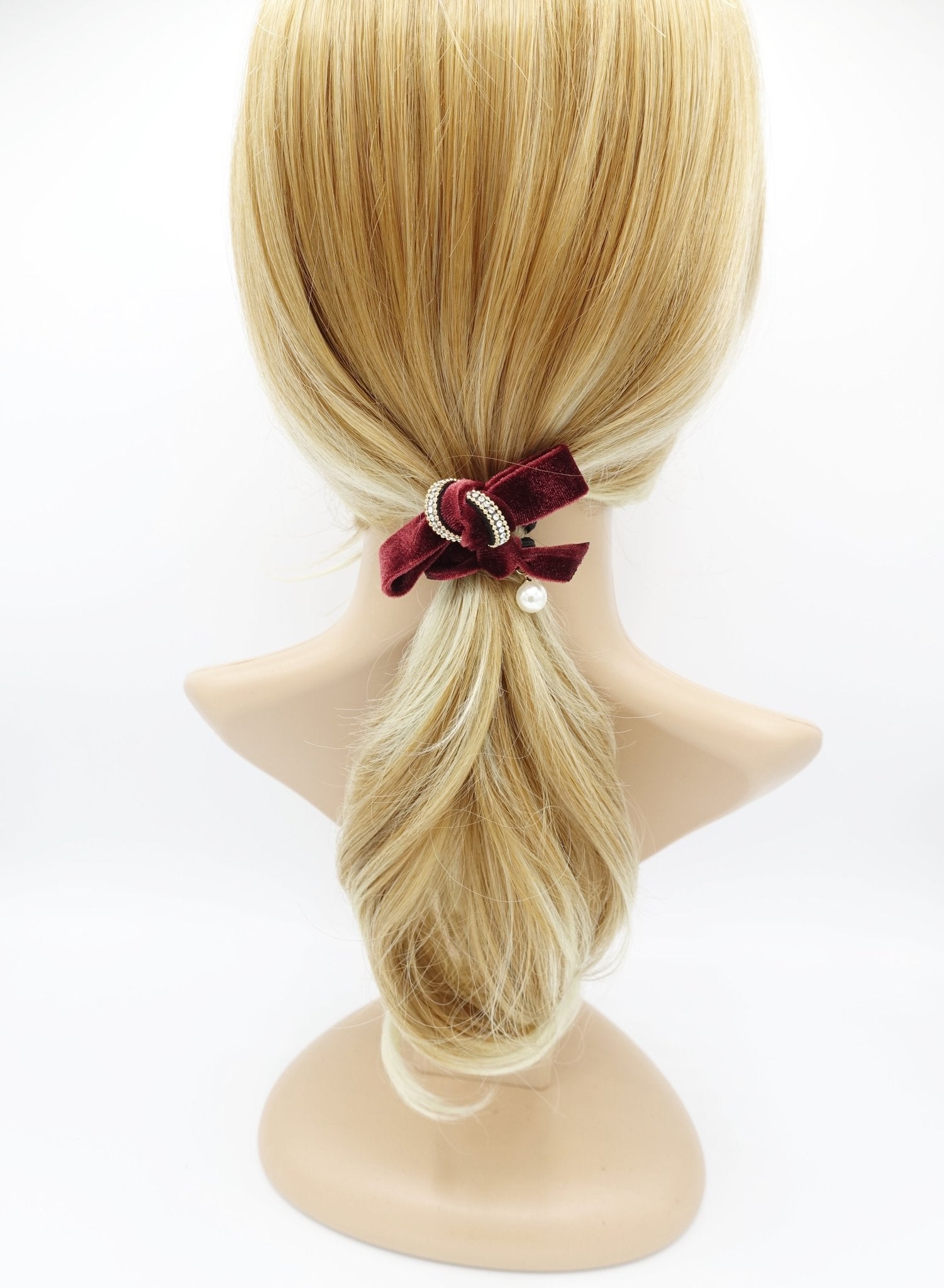 veryshine.com scrunchies/hair holder Red wine rhinestone velvet double bow knot hair elastic tie ponytail holder