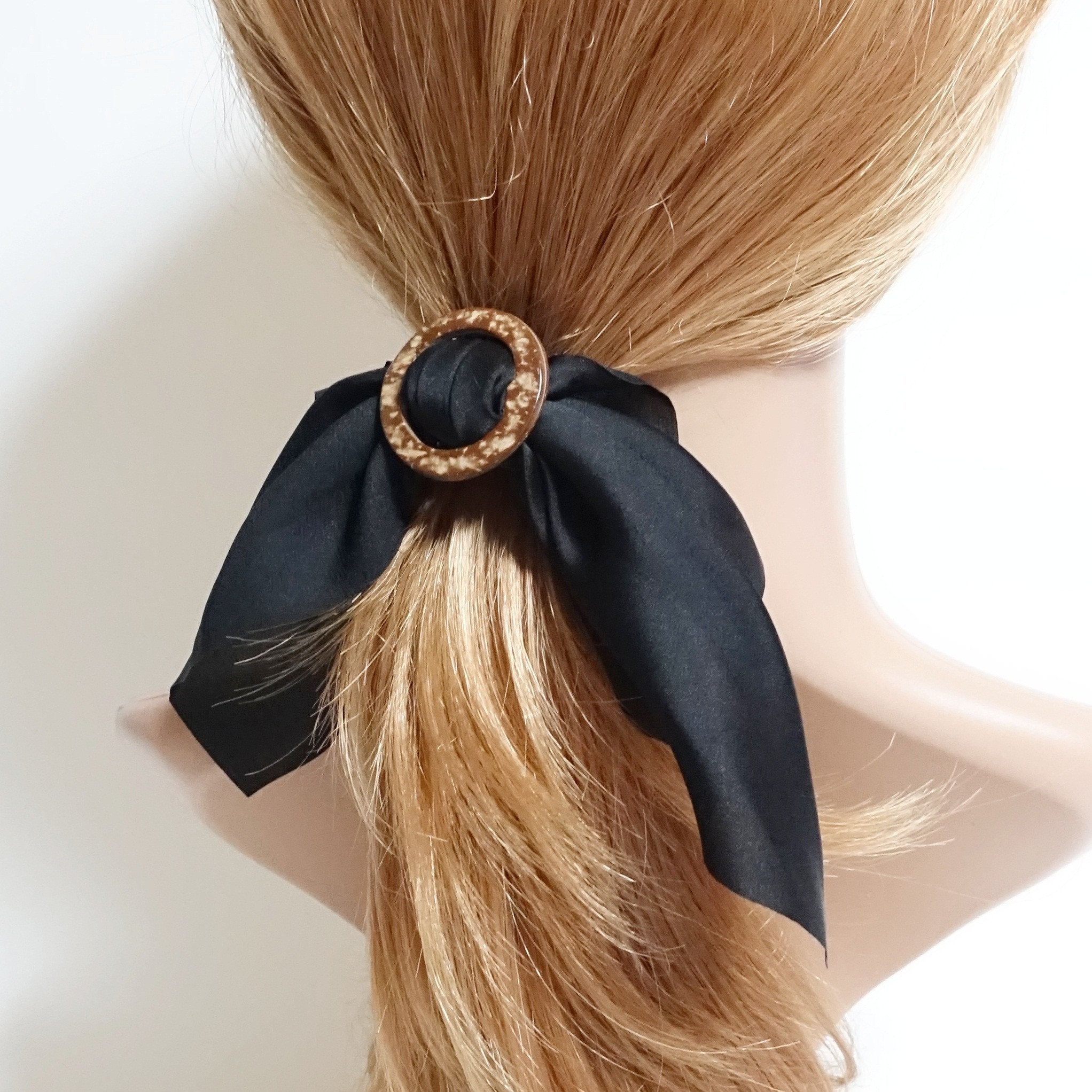 veryshine.com scrunchies/hair holder Wood Buckle Decorated Satin Wing Bow Hair Elastics Ponytail Holder