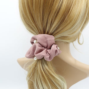 veryshine.com Scrunchies Mauve pink pearl attached glossy scrunchies women hair accessory