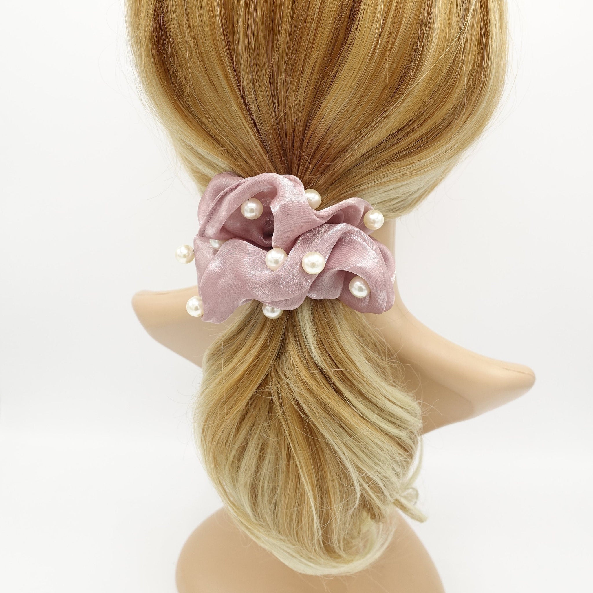 veryshine.com Scrunchies Mauve pink pearl stud organza scrunchies glossy hair tie scrunchie for women